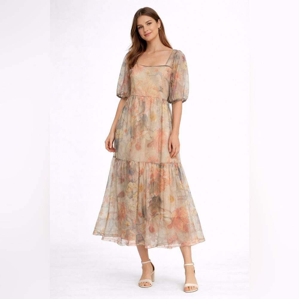 H&M Floral Mesh Puff Sleeve Midi Dress Romantic Cottagecore Size Small whimsical